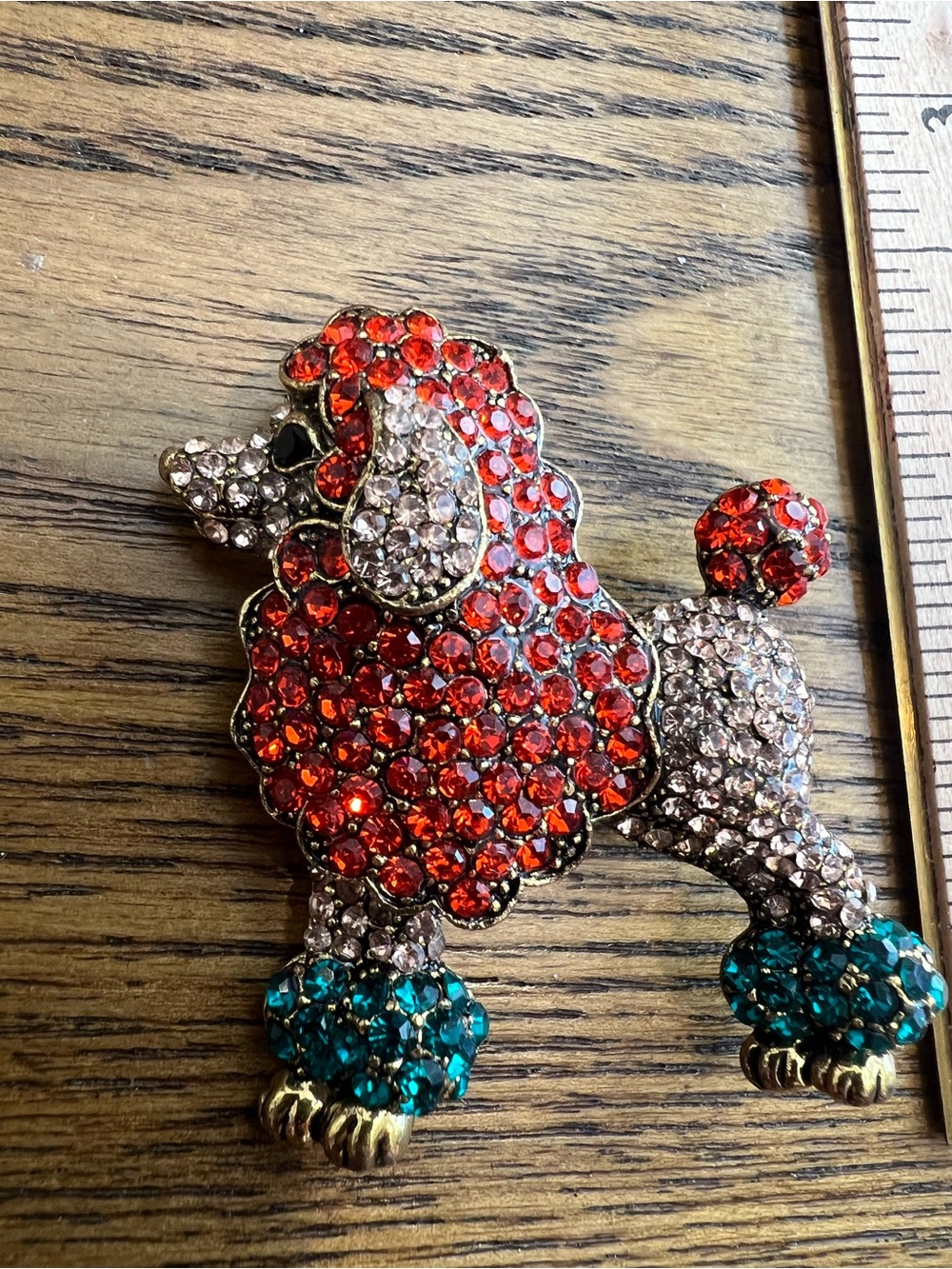 Vintage Rhinestone Poodle Brooch in Red, Teal & Clear - Picture 2 of 3